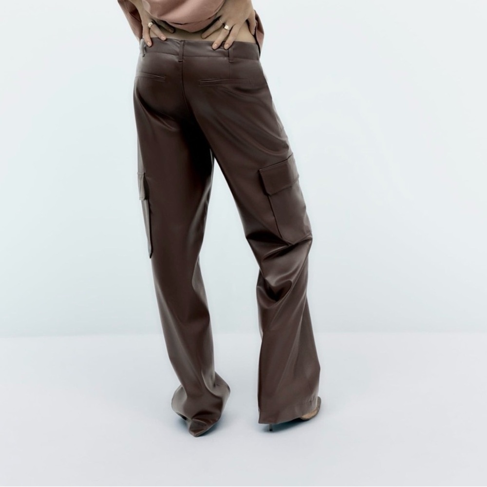 Zara Brown Faux Leather High Waist Cargo Pants Size Large - Picture 2 of 8